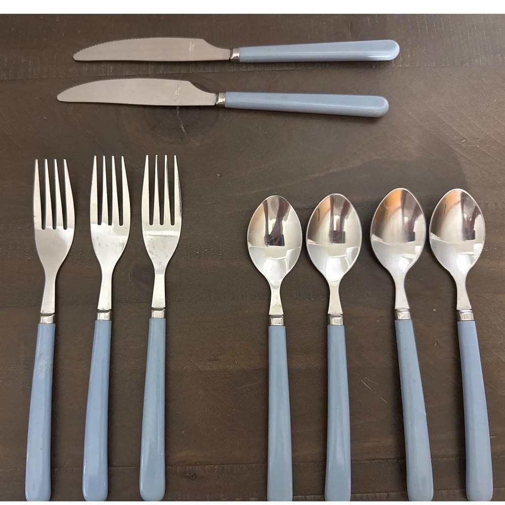 Vintage Light Blue Stainless Steel Flatware Set 9pc Mixed Cutlery Taiwan Retro